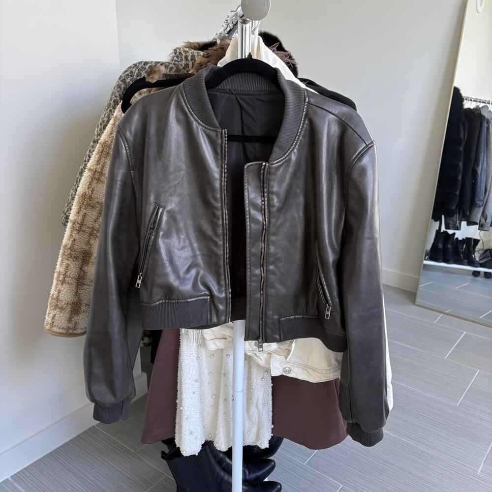 Faux leather bomber jacket in